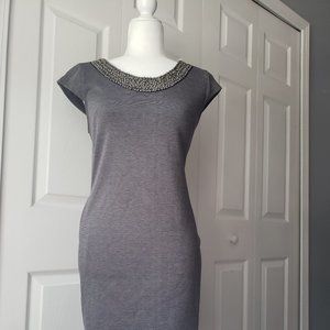 Gray Cap-sleeved Career Dress with Beaded Collar